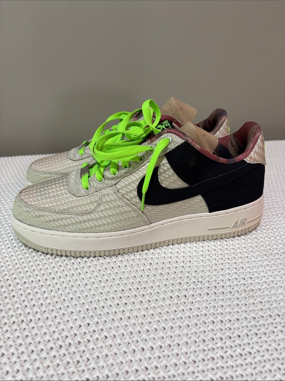 Nike Air Force 1 Low — Beige Upper with Black Swoosh and Neon Green Laces